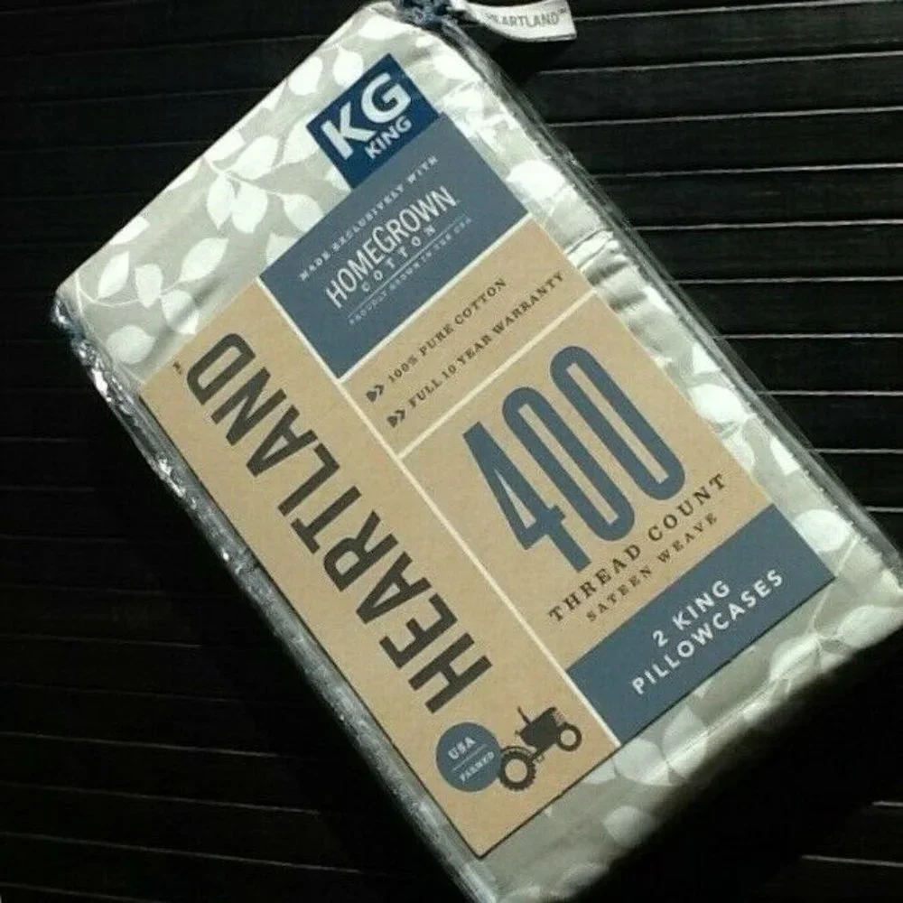 new Heartland 400 TC 100% Cotton Sateen KING Pillowcases - WHITE LEAF on GRAY